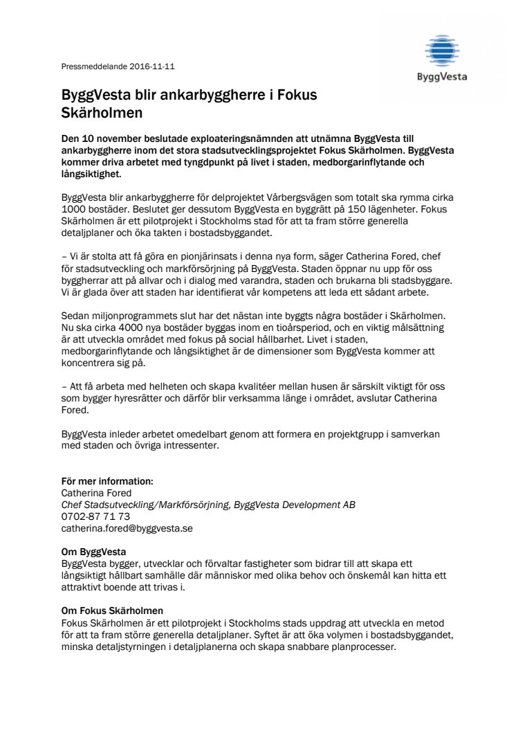 ByggVesta blir ankarbyggherre i Fokus Skärholmen
