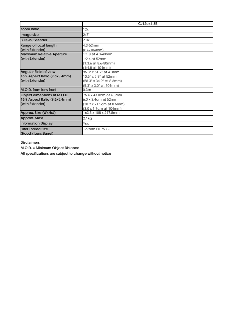 Canon Tekniska specifikationer CJ12ex4.3B 