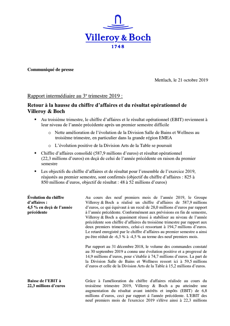 Rapport intermédiaire au 3e trimestre 2019 : Retour à la hausse du chiffre d’affaires et du résultat opérationnel de Villeroy & Boch