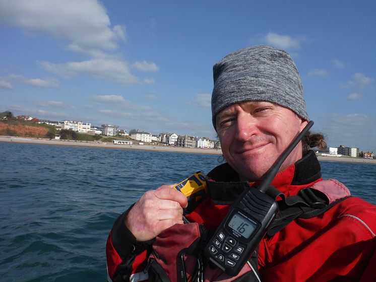 Hi-res image - Ocean Signal - Roy Beal with the Ocean Signal rescueME PLB1 which he will carry on his 900-mile Top Down Kayak Challenge