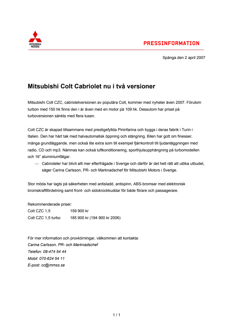 Mitsubishi Colt Cabriolet nu i två versioner