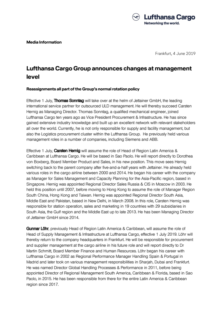 Lufthansa Cargo Group announces changes at management level