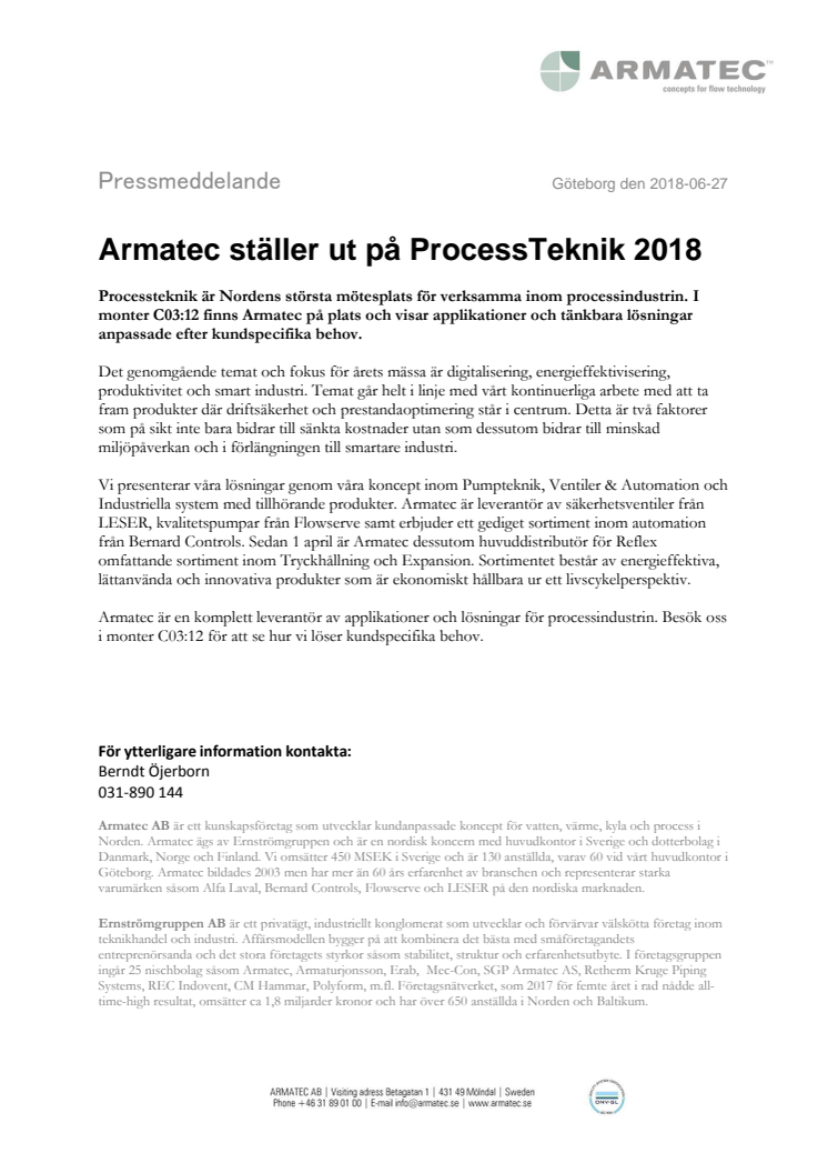 Armatec ställer ut på ProcessTeknik 2018