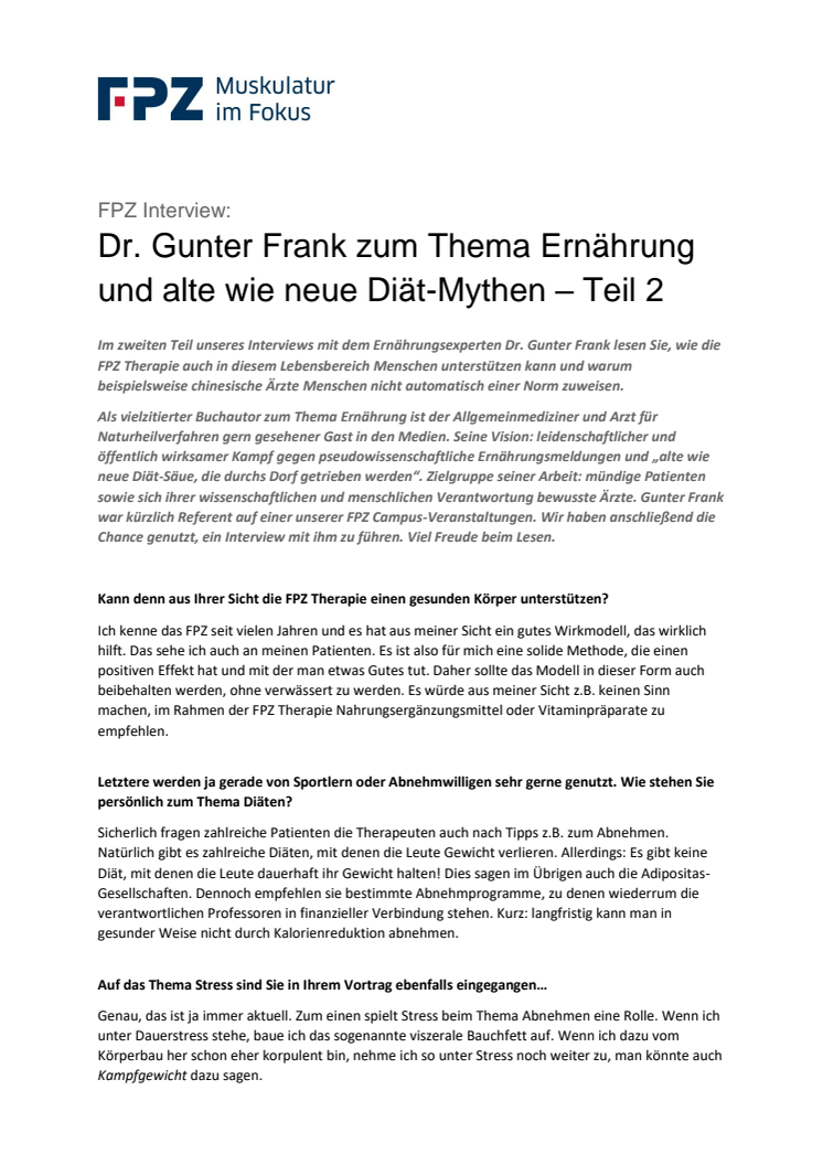Dr. Gunter Frank zum Thema Ernährung und alte wie neue Diät-Mythen - Teil 2