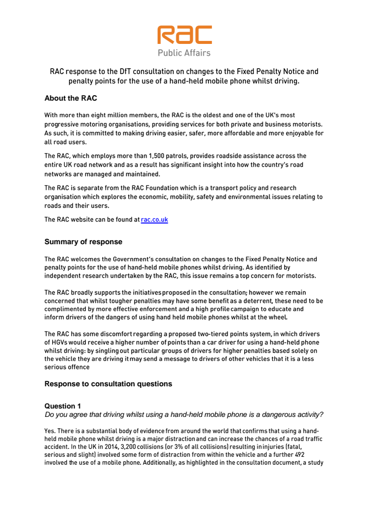 RAC responds to DfT consultation on changes to the Fixed Penalty Notice and penalty points for the use of a hand held mobile phone whilst driving