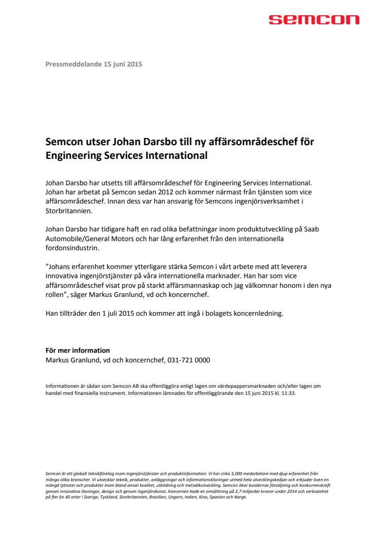 Semcon utser Johan Darsbo till ny affärsområdeschef för Engineering Services International