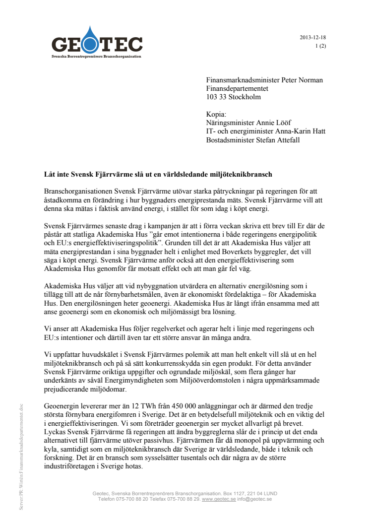 Geotecs brev till Finansmarknadsdepartementet