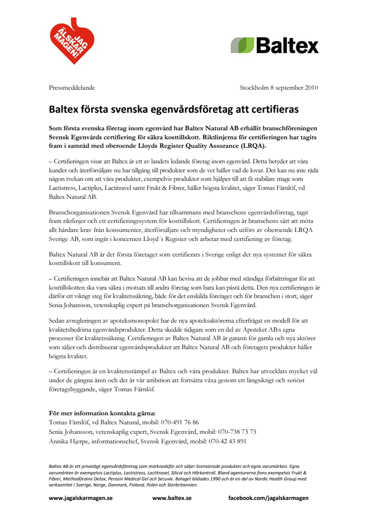 Baltex första svenska egenvårdsföretag att certifieras