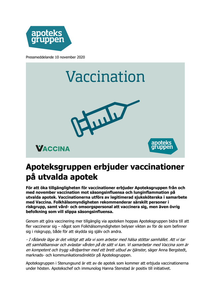 Apoteksgruppen erbjuder vaccinationer på utvalda apotek