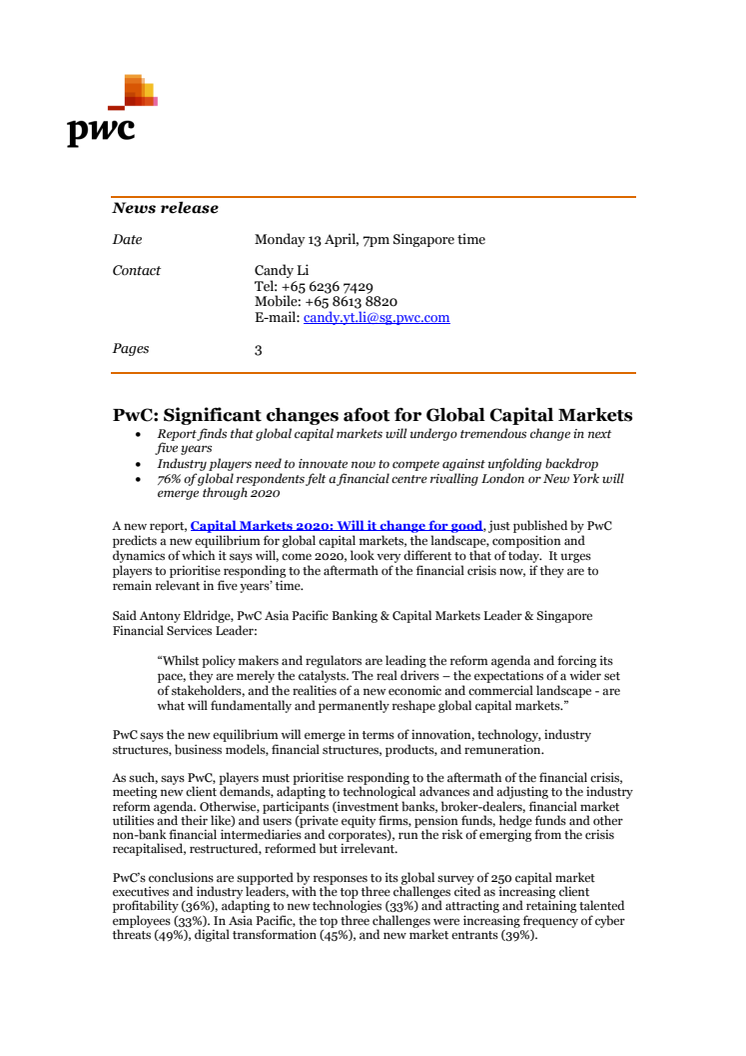 PwC: Significant changes afoot for Global Capital Markets