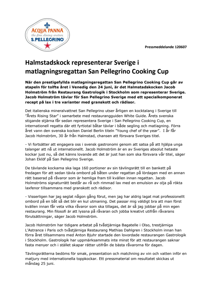 Halmstadskock representerar Sverige i matlagningsregattan San Pellegrino Cooking Cup