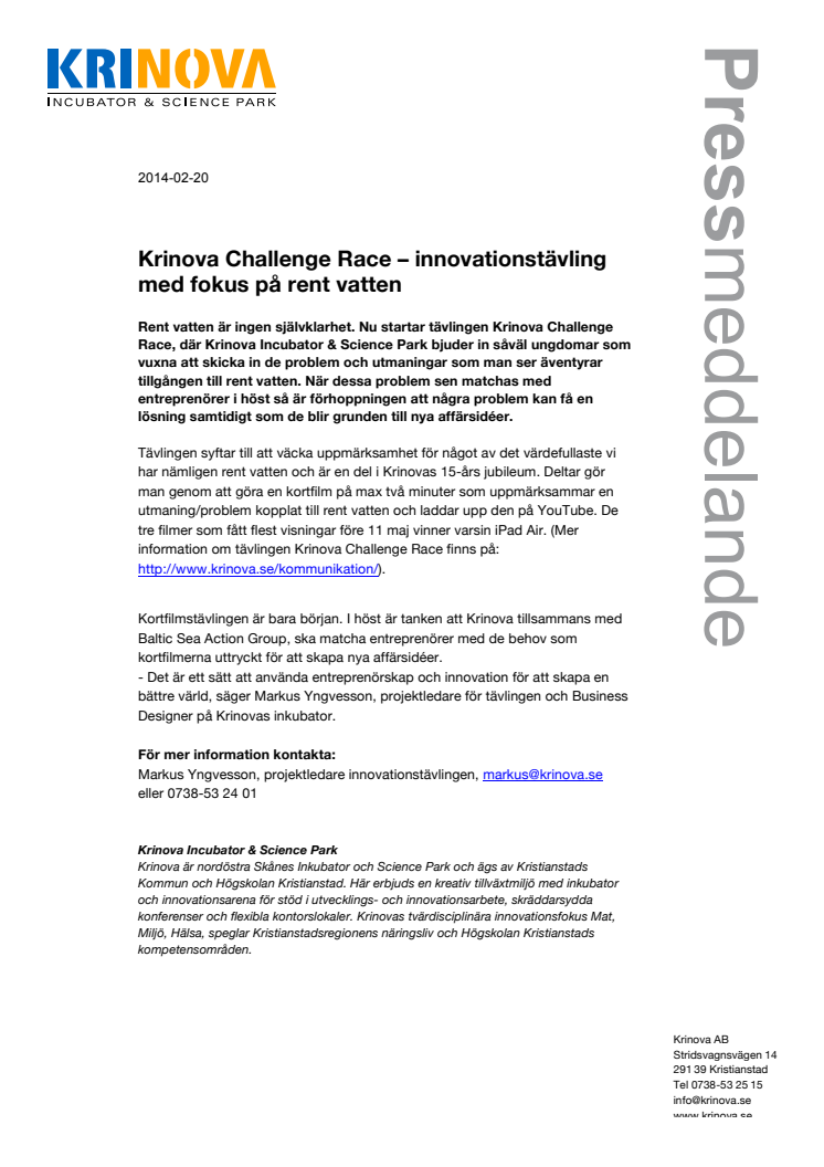 Krinova Challenge Race – innovationstävling med fokus på rent vatten