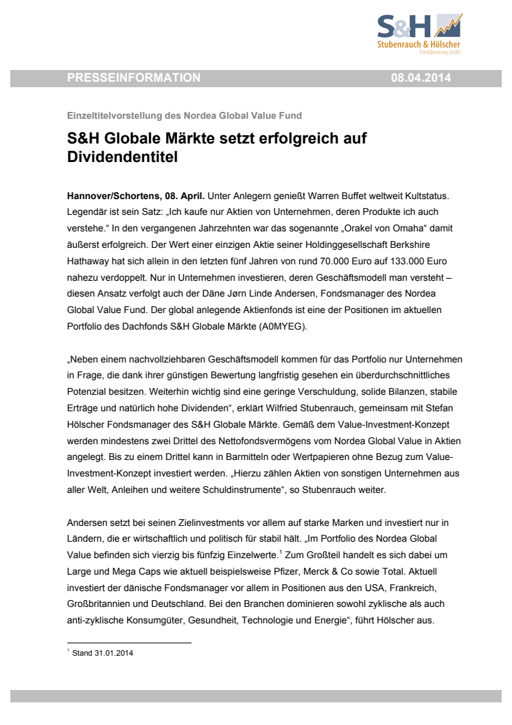 S&H Globale Märkte setzt erfolgreich auf Dividendentitel 