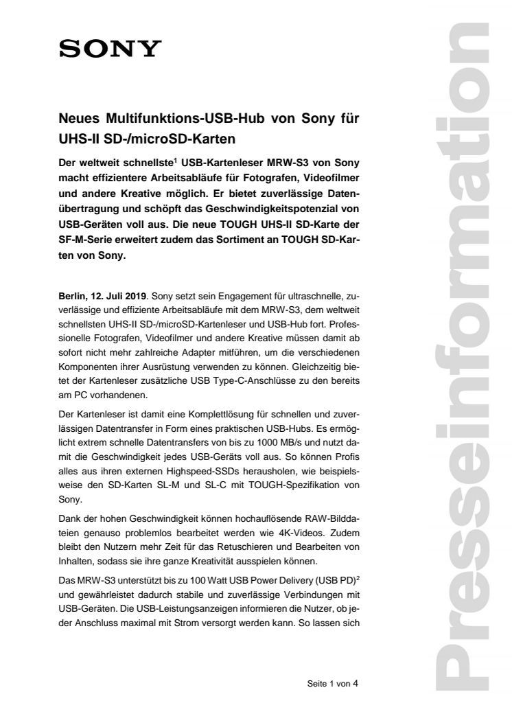 Neues Multifunktions-USB-Hub von Sony für UHS-II SD-/microSD-Karten