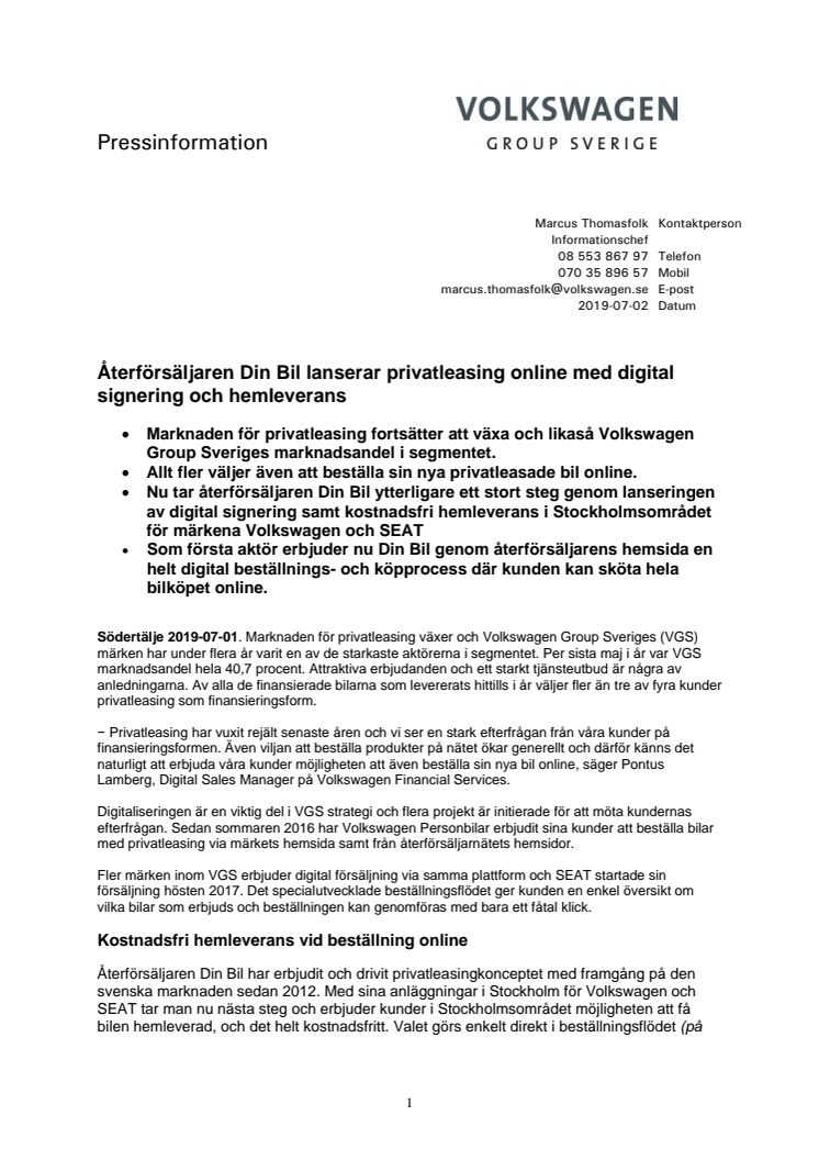 Återförsäljaren Din Bil lanserar privatleasing online med digital signering och hemleverans