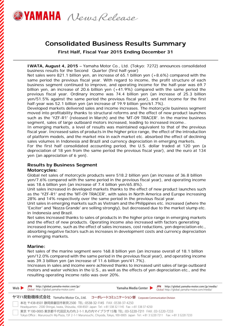 Consolidated Business Results Summary ~First Half, Fiscal Year 2015 Ending December 31~