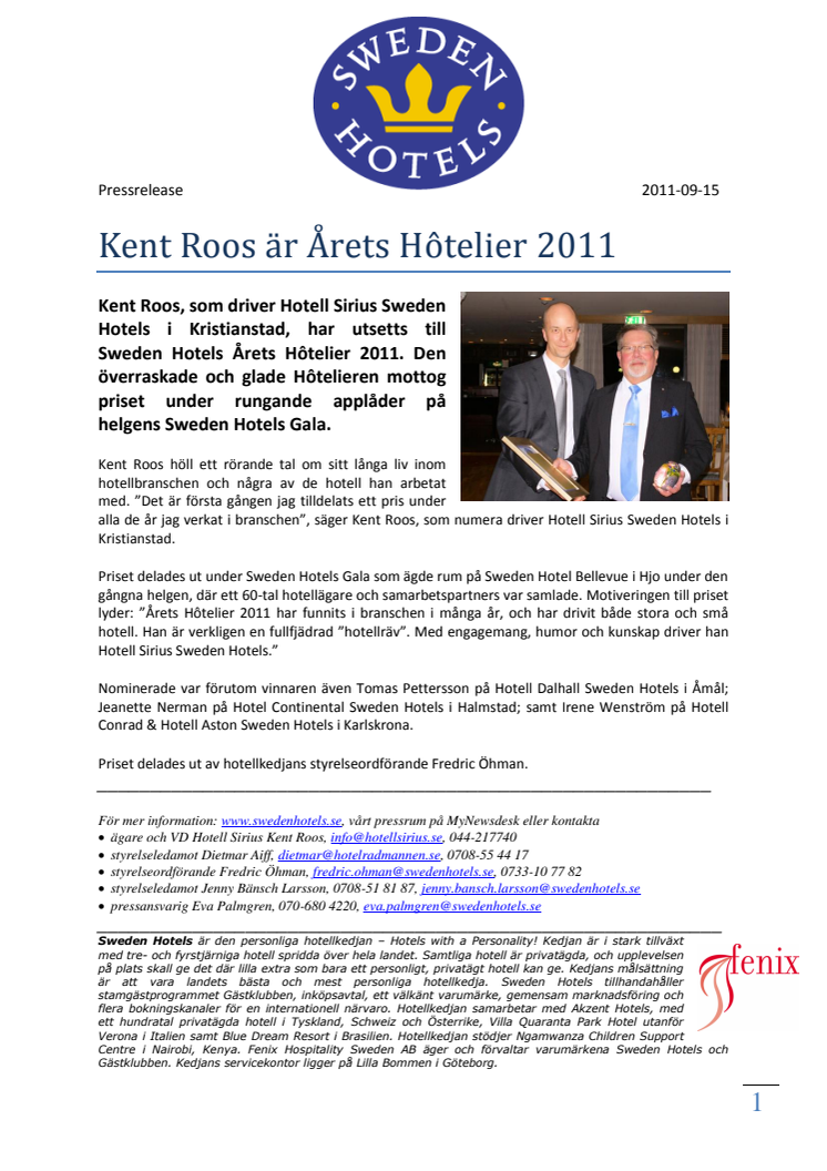  Kent Roos är Årets Hôtelier 2011