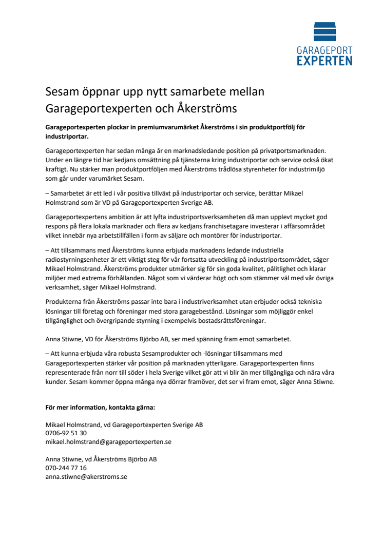 Sesam öppnar upp nytt samarbete mellan Garageportexperten och Åkerströms