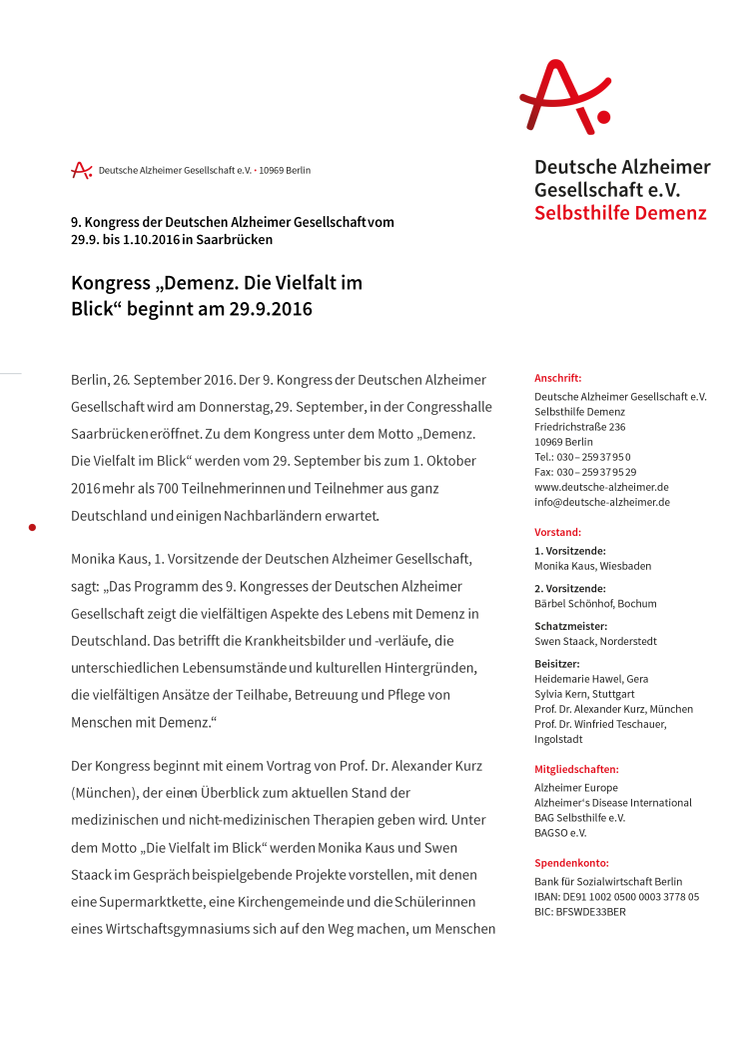 9. Kongress der Deutschen Alzheimer Gesellschaft „Demenz. Die Vielfalt im Blick“ beginnt am 29.9.2016
