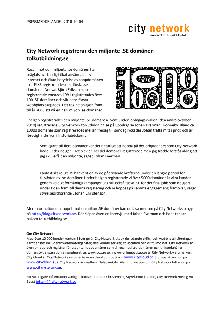 City Network registrerar den miljonte .SE domänen – tolkutbildning.se