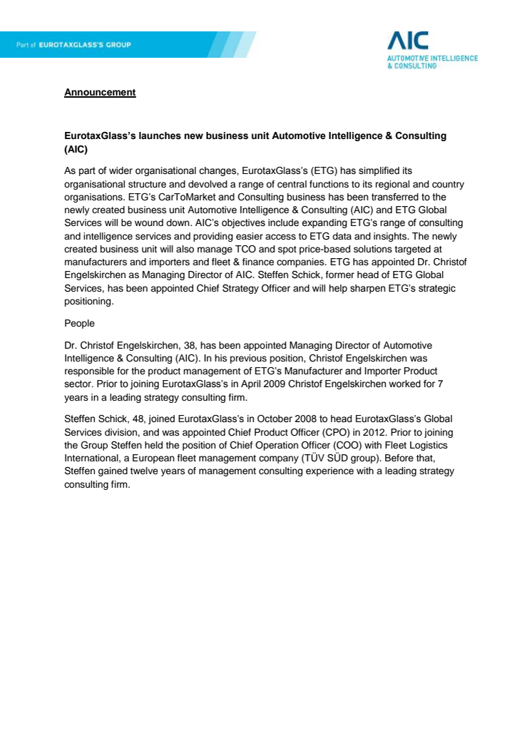 EurotaxGlass’s launches new business unit Automotive Intelligence & Consulting (AIC)
