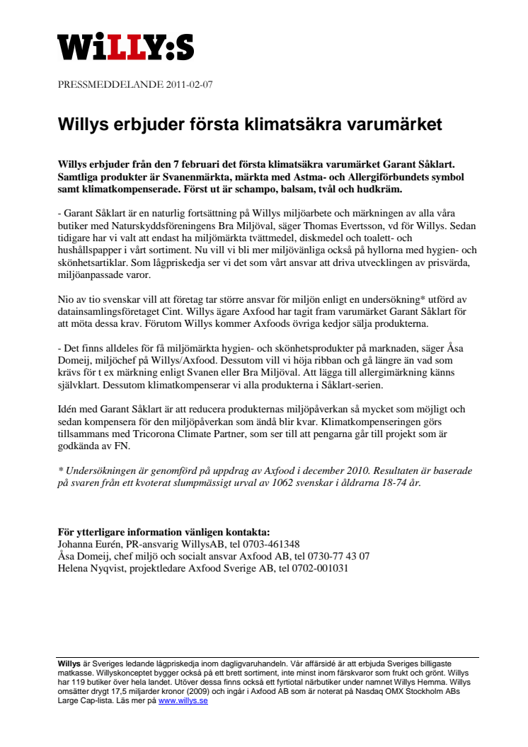 Willys erbjuder första klimatsäkra varumärket