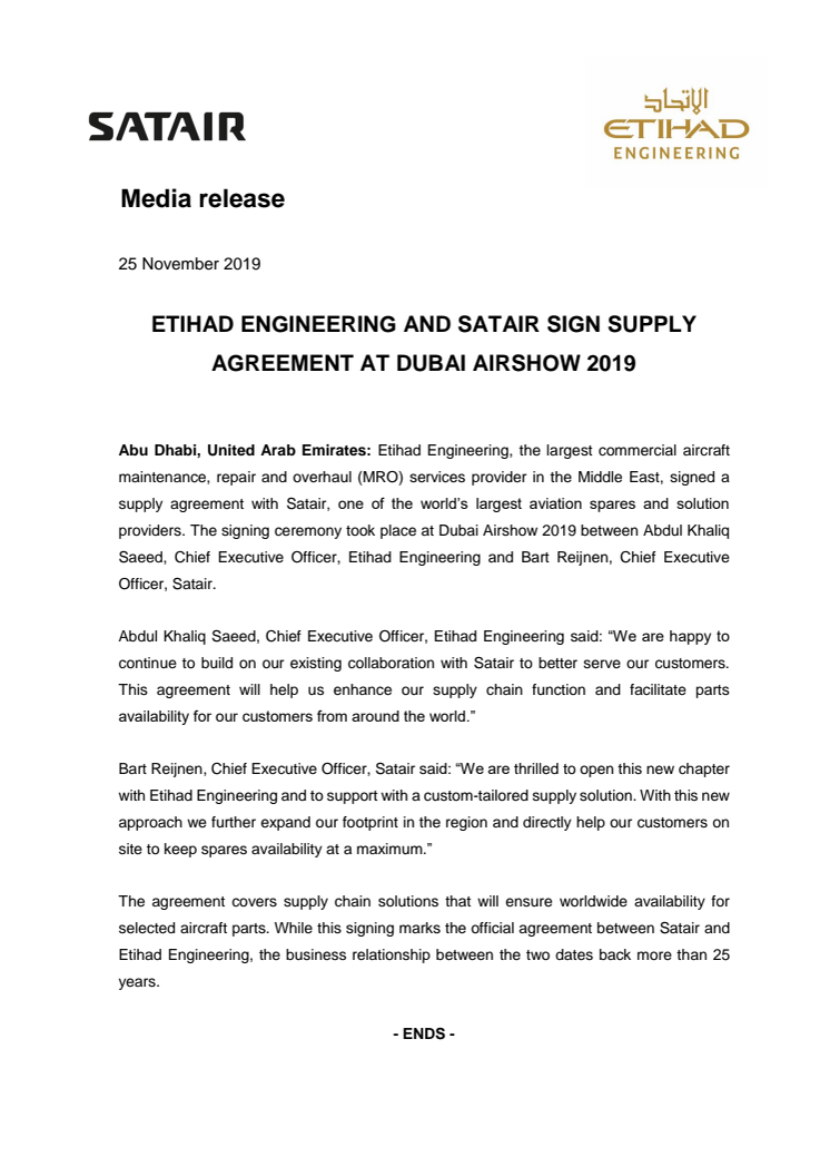 ETIHAD ENGINEERING AND SATAIR SIGN SUPPLY AGREEMENT AT DUBAI AIRSHOW 2019