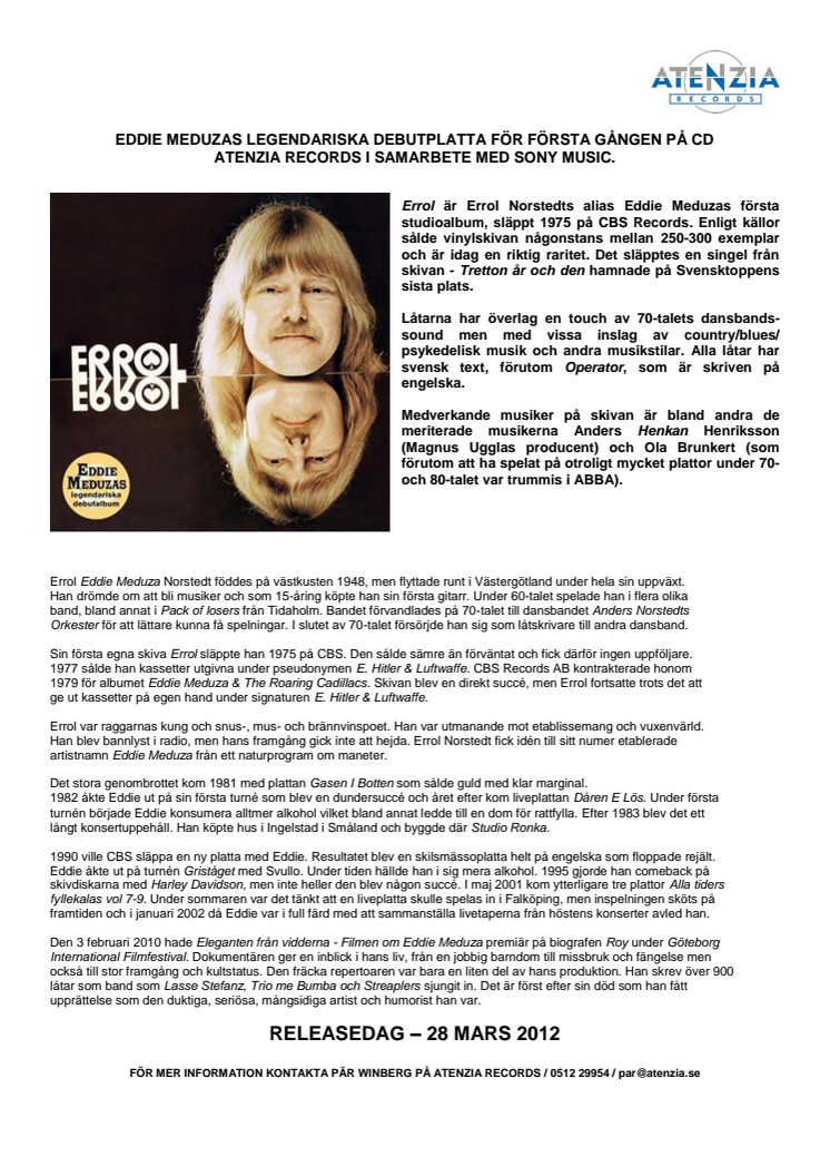 37 år efter floppen - nu släpps "Errol" - Eddie Meduzas mytomspunna debutalbum på CD för första gången