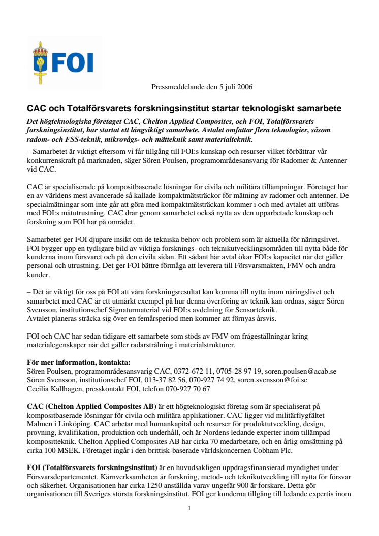 CAC och Totalförsvarets forskningsinstitut startar teknologiskt samarbete