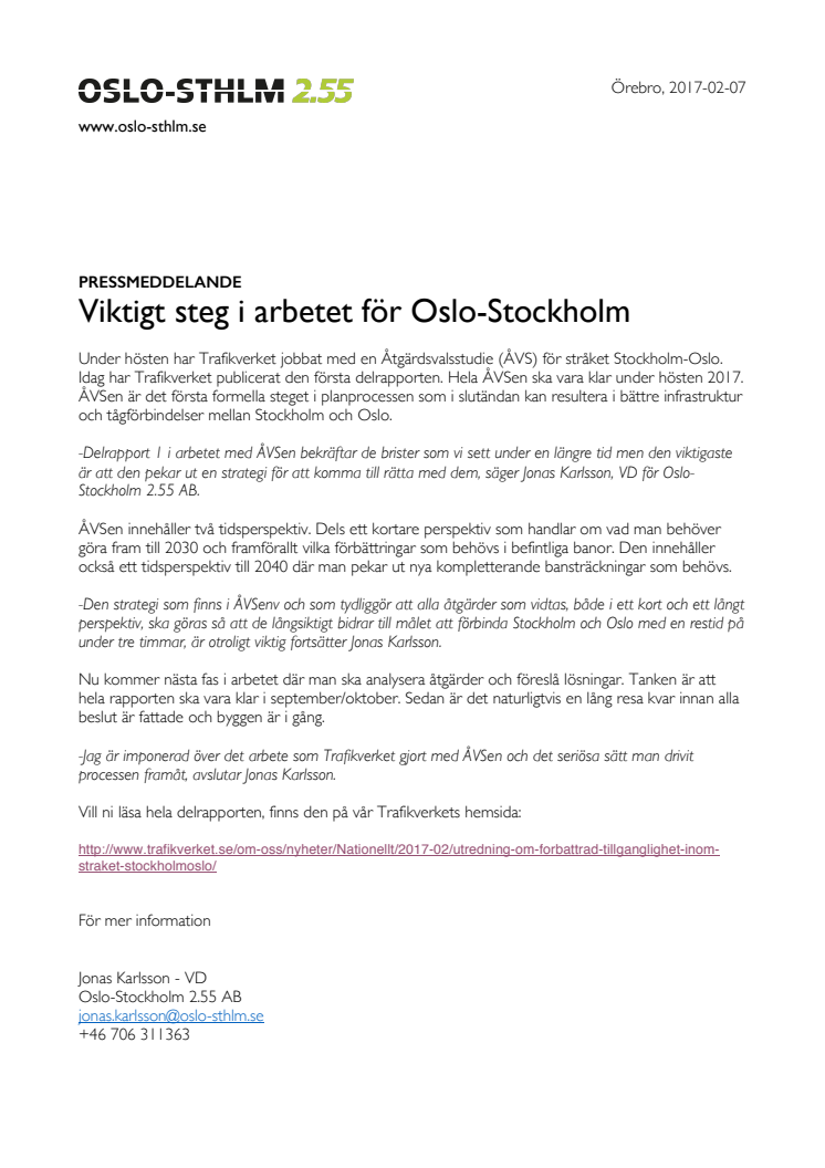 Viktigt steg i arbetet för Oslo-Stockholm
