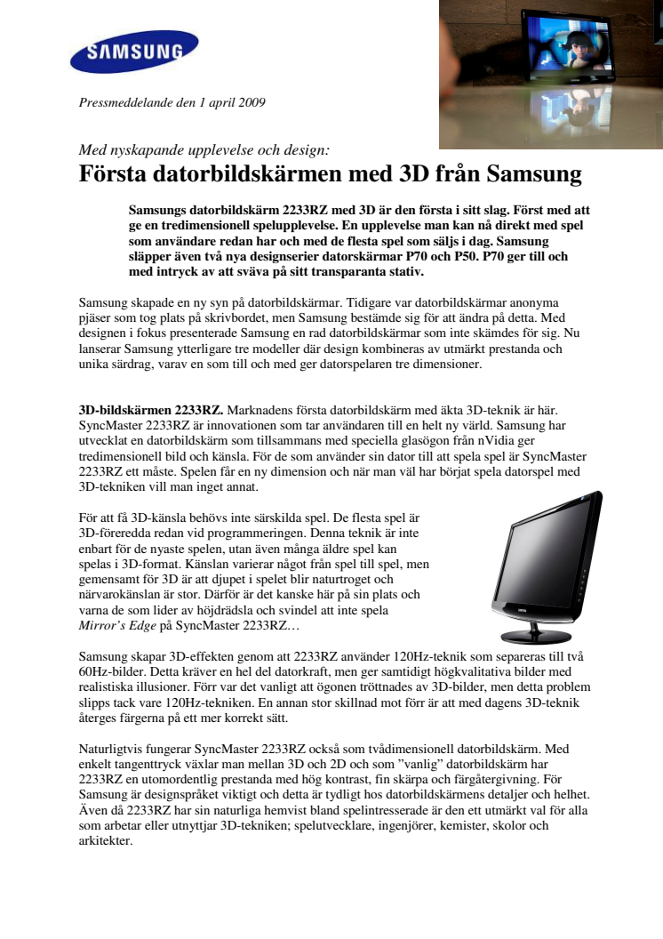 Första datorbildskärmen med 3D från Samsung