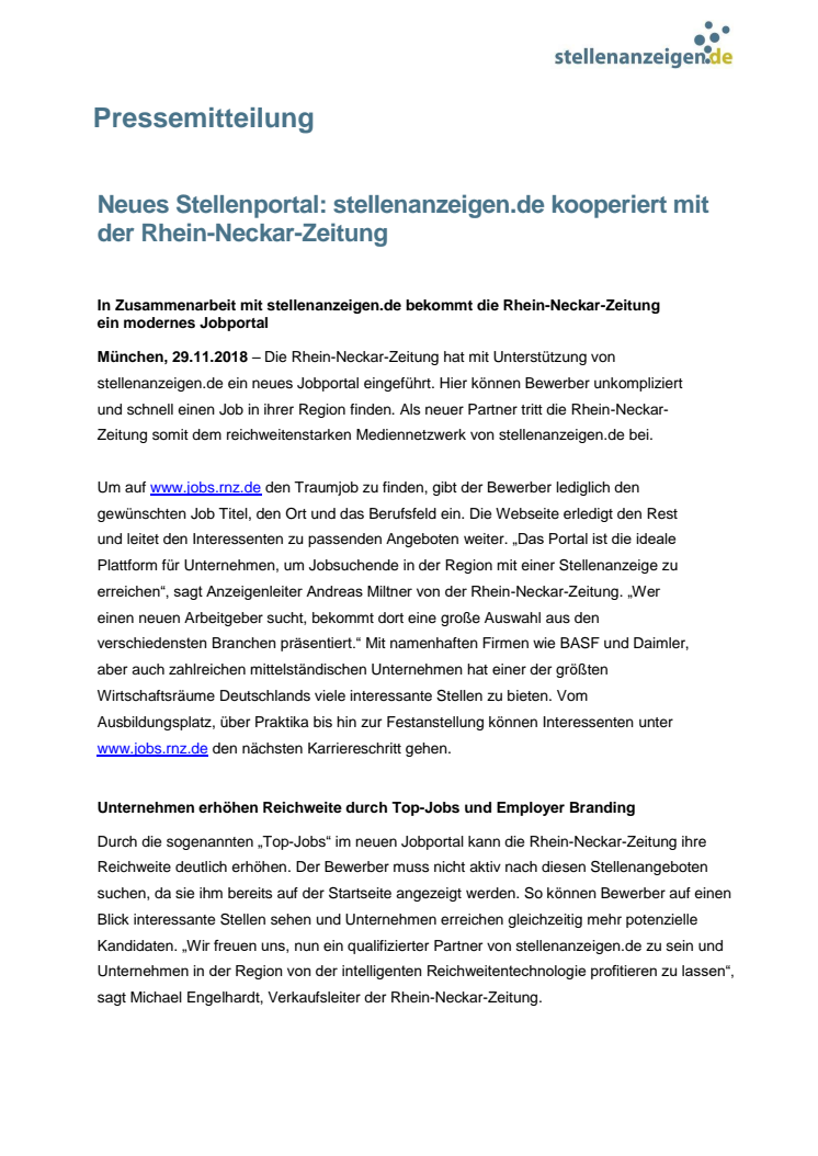 Neues Stellenportal: stellenanzeigen.de kooperiert mit der Rhein-Neckar-Zeitung