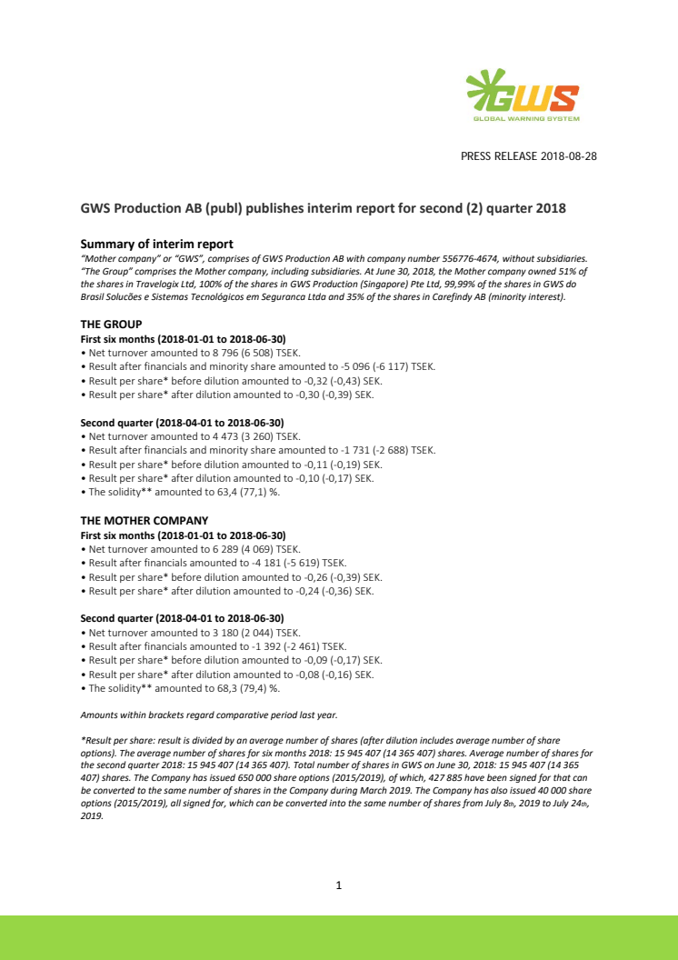 GWS Production AB (publ) publishes interim report for second (2) quarter 2018