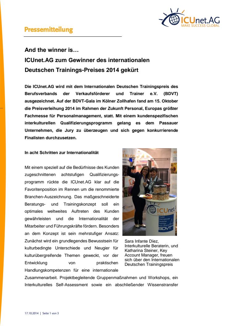 And the winner is… ICUnet.AG zum Gewinner des internationalen Deutschen Trainings-Preises 2014 gekürt