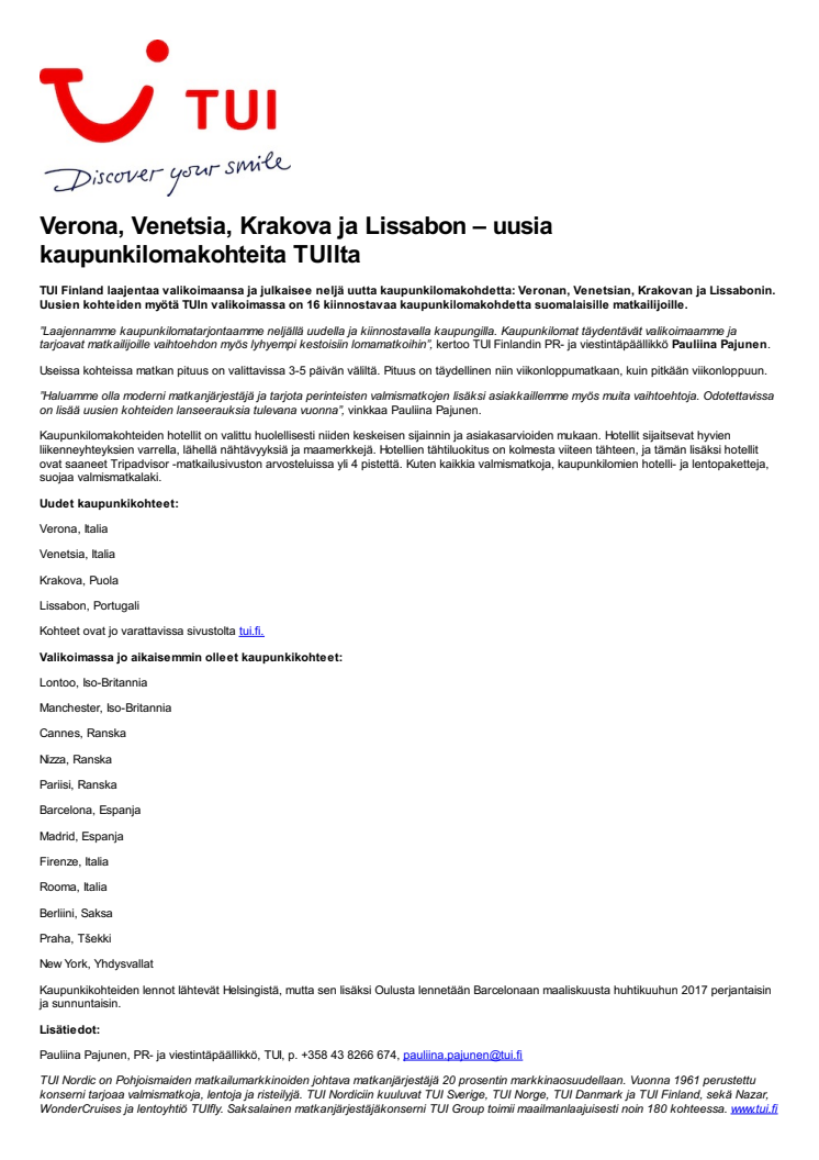 Verona, Venetsia, Krakova ja Lissabon – uusia kaupunkilomakohteita TUIlta