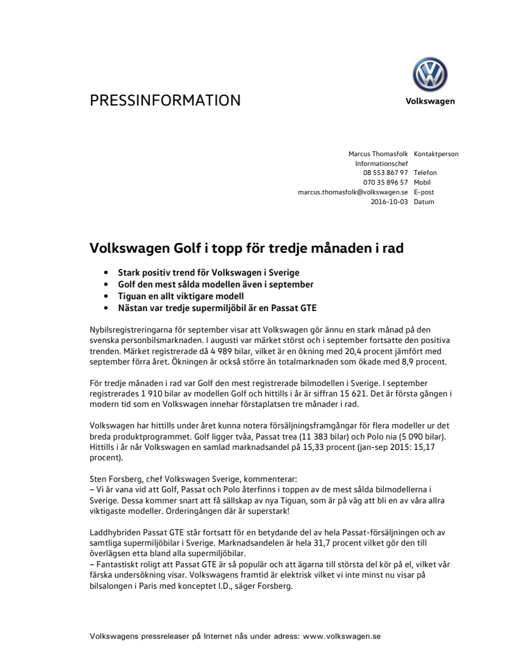 Volkswagen Golf i topp för tredje månaden i rad