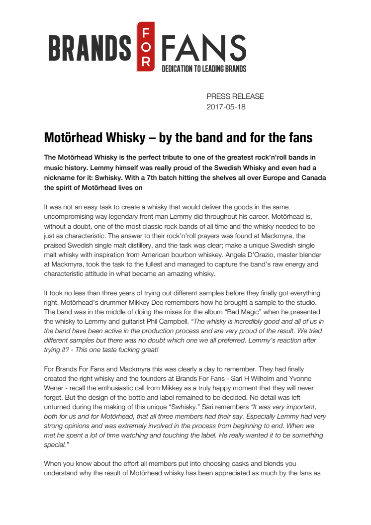 Motörhead Whisky – by the band and for the fans