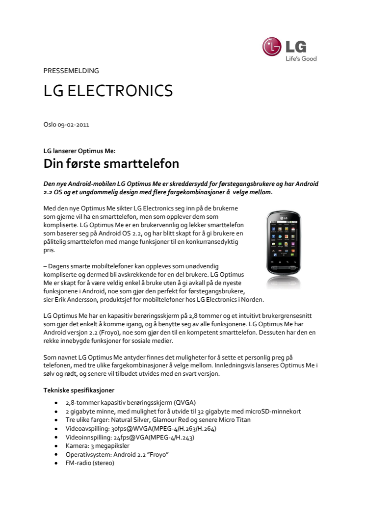 LG lanserer Optimus Me: Din første smarttelefon 