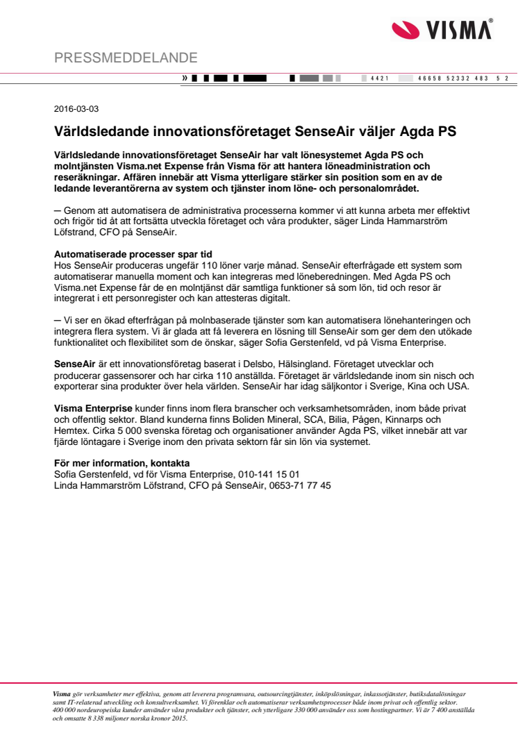 ​Världsledande innovationsföretaget SenseAir väljer Agda PS
