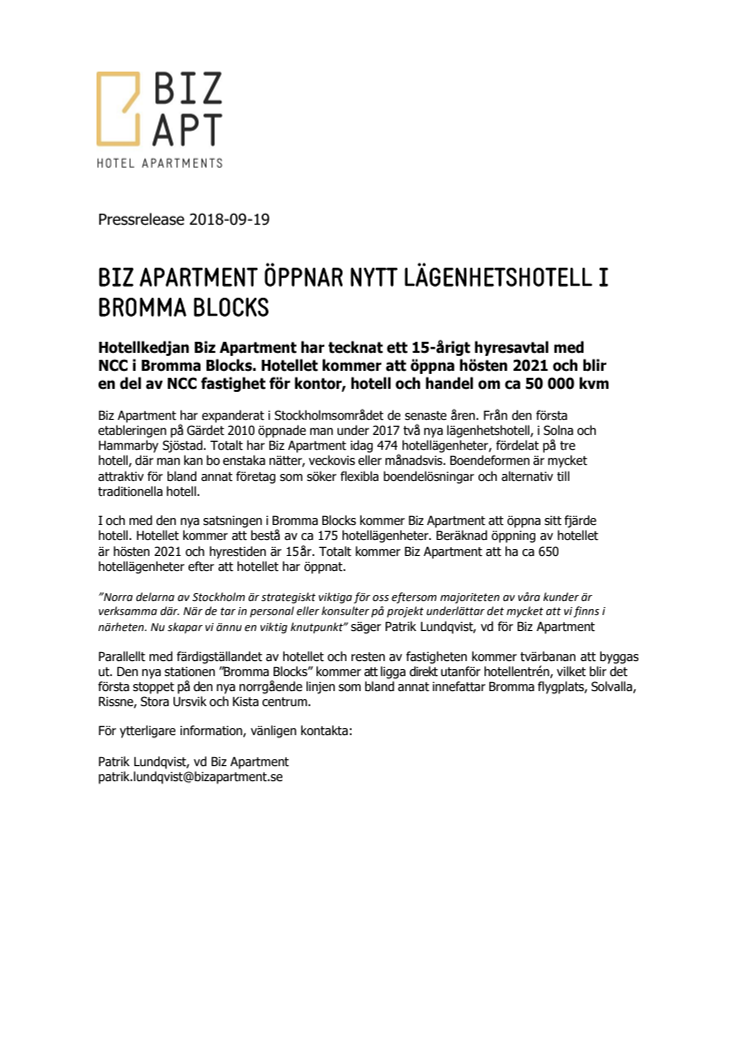 Biz Apartment öppnar nytt lägenhetshotell i Bromma Blocks