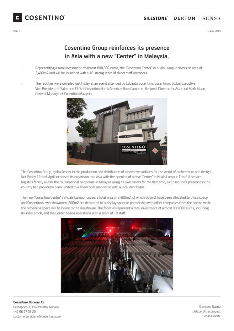 Cosentino Group reinforces its presence in Asia with  a new “Center” in Malaysia 