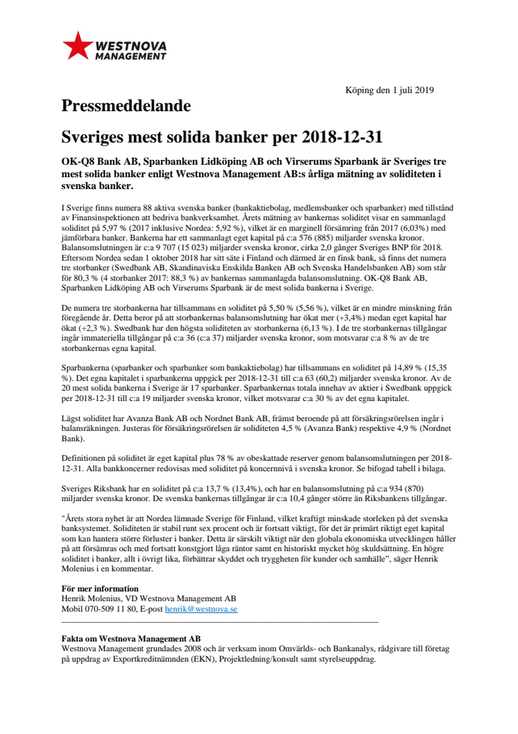 Pressmeddelande Westnova Management AB Soliditet i svenska banker 2018-12-31