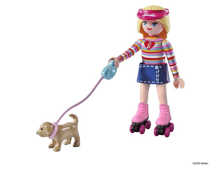 Das erste veröffentlichte Bild der Kollektion zeigt eine Barbie auf Rollschuhen, die einen Hund ausführt. 