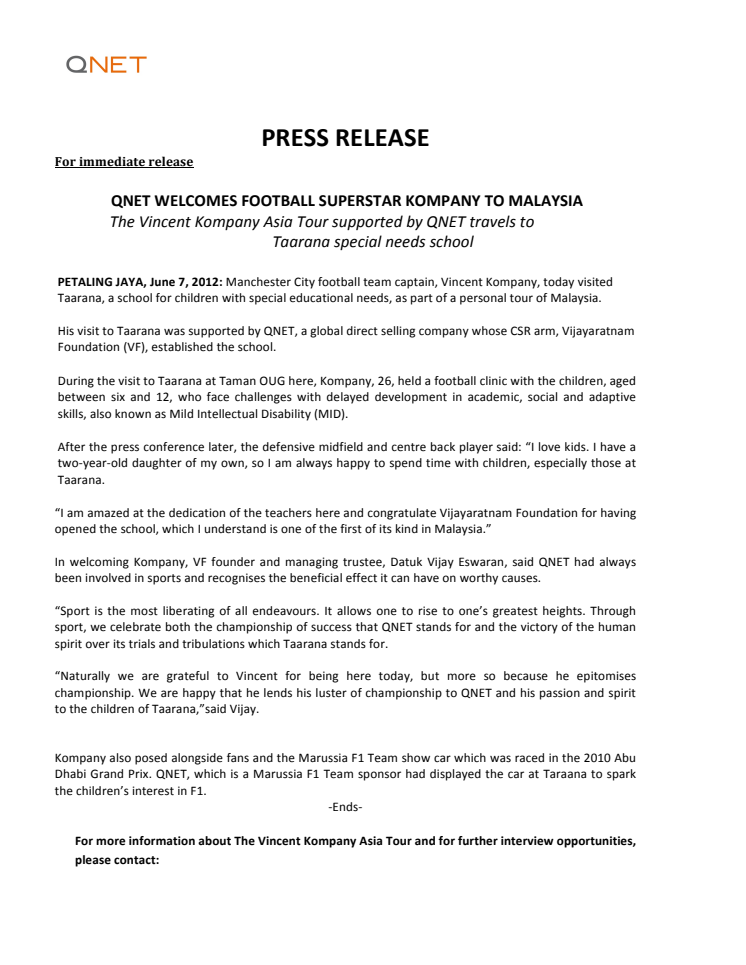 QNET welcomes Football Superstar KOMPANY to Malaysia