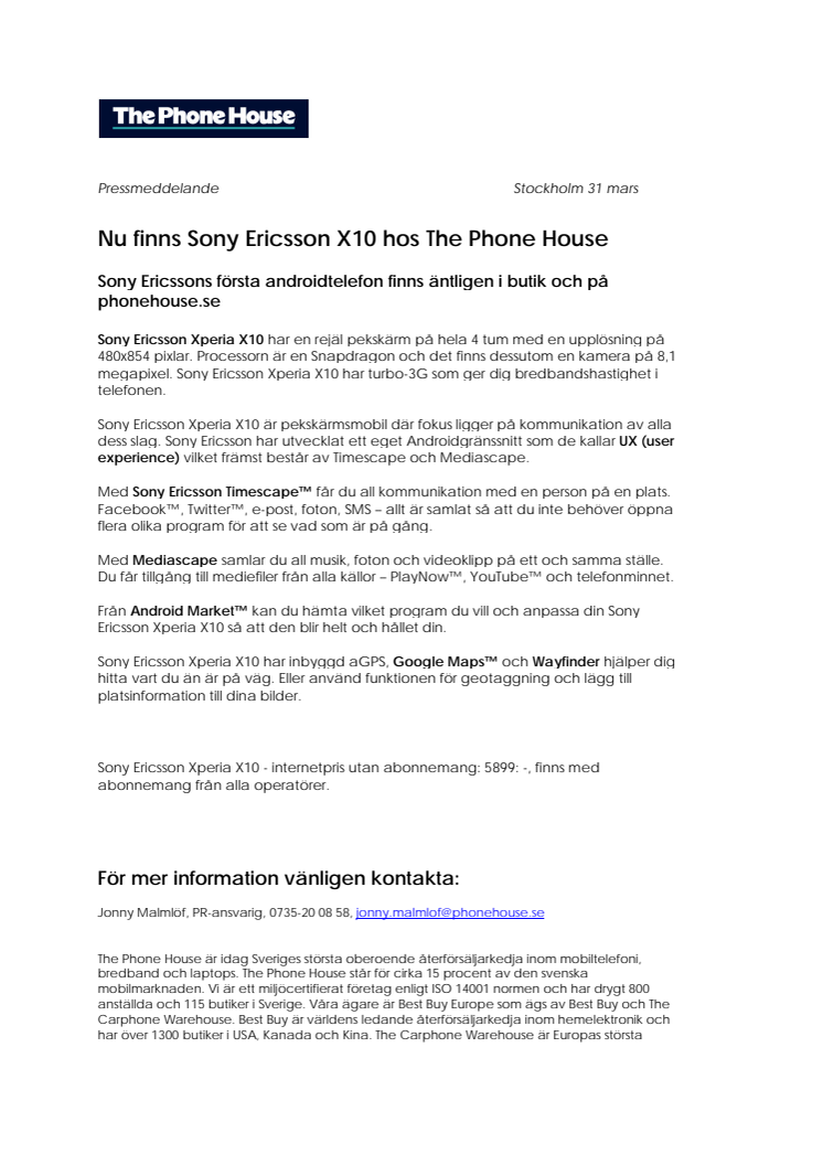 Nu finns Sony Ericsson X10 hos The Phone House