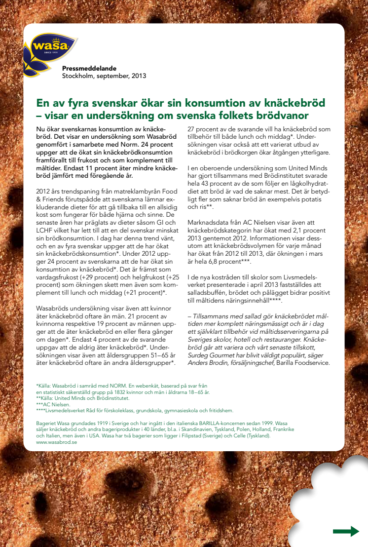 En av fyra svenskar ökar sin konsumtion av knäckebröd – visar en undersökning om svenska folkets brödvanor