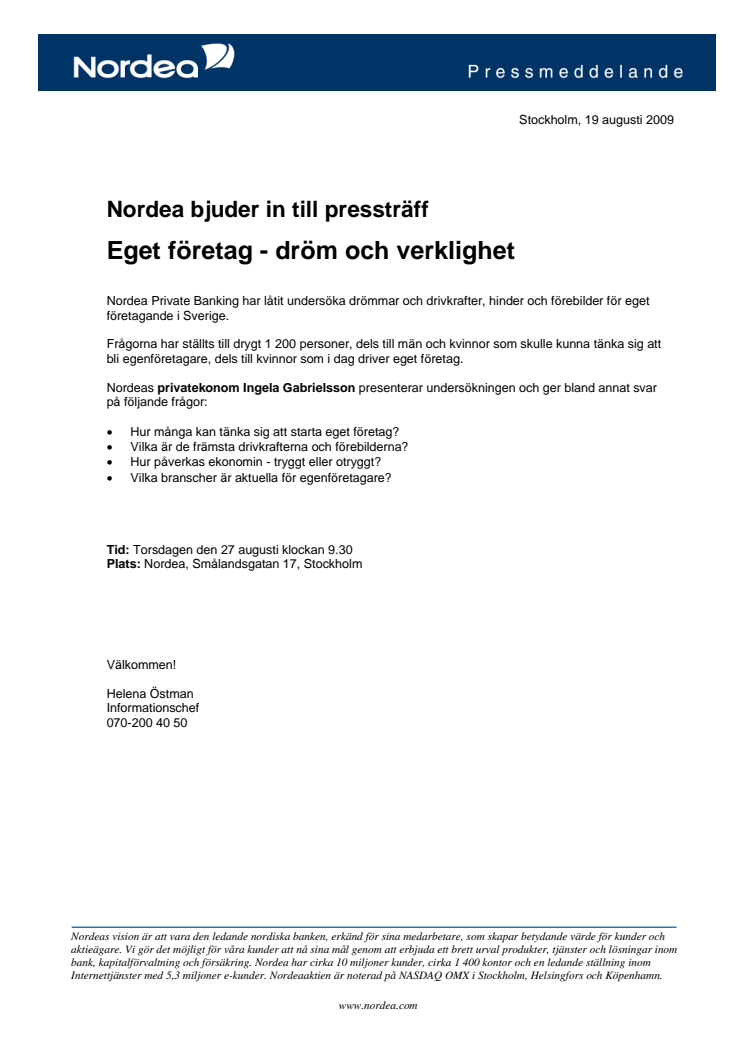 Nordea bjuder in till pressträff: Eget företag - dröm och verklighet