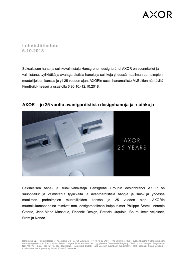 AXOR – jo 25 vuotta tyylikkäitä designhanoja ja -suihkuja 