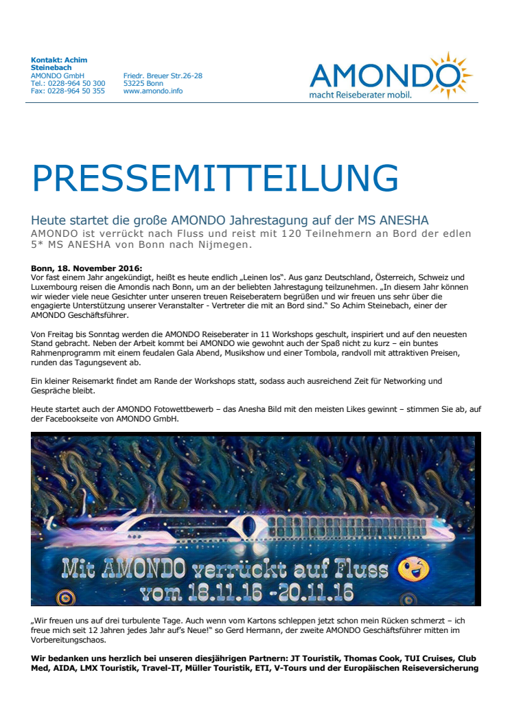 Heute startet die große AMONDO Jahrestagung auf der MS ANESHA