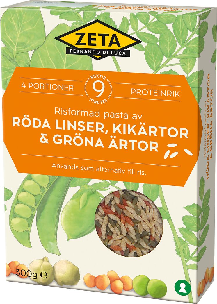 Zeta Risformad pasta av röda linser, kikärtor & gröna ärtor